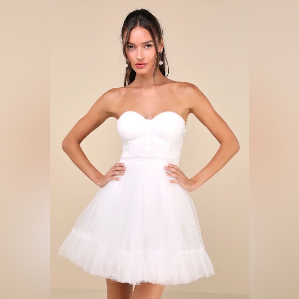 Lulus Lovely Flirtation White Tulle Strapless Bustier Mini Dress